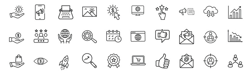 Digital marketing seo promotion business optimization web line icons set laptop cart thumbs up email target network & more vector illustration with editable stroke © Purnima