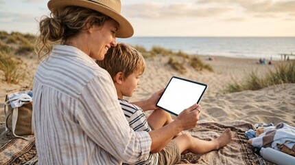 Naklejka premium A woman and a child sit on the sand using a tablet at the beach. The concept illustrates family bonding, technology use in leisure, and summer relaxation. Generative AI.