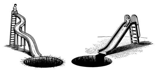 Obraz premium Playground slides leading into dark abyss holes in vintage woodcut style