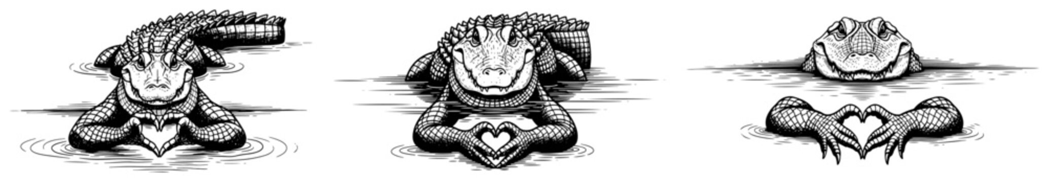 Alligator hands forming heart shape in water vintage engraving style
