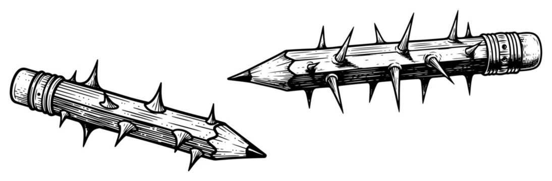 Pencils covered in sharp metal spikes and thorns in vintage woodcut style