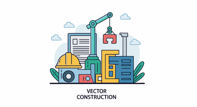 A colorful vector illustration of a construction site with crane and buildings