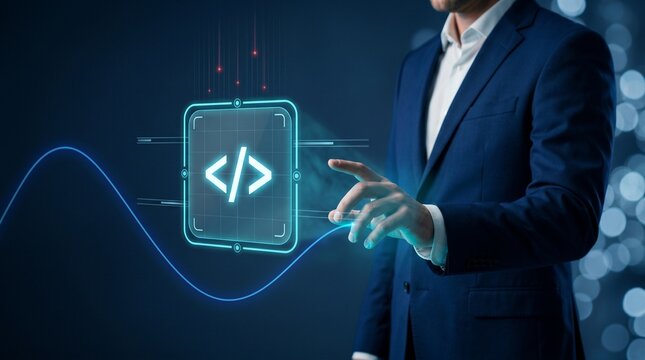 Businessman using holographic programming interface with code symbols and data network glow