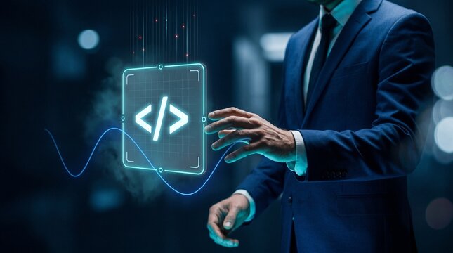 Businessman touching virtual code interface with futuristic brackets symbol and data flow