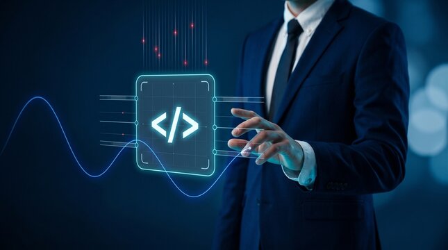 Businessman touching holographic interface with data transfer icons and digital network arrows