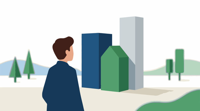 A man in a blue suit looks at buildings
