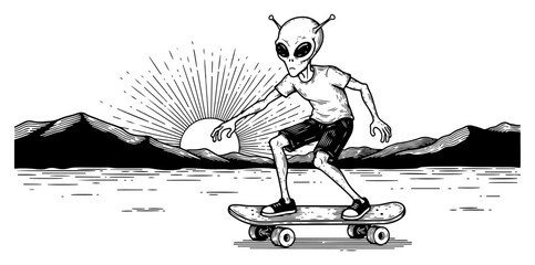 Alien riding skateboard in desert landscape with sunset in vintage woodcut engraving style © Wera