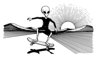 Extraterrestrial grey alien performing skateboard trick in desert at sunrise in vintage woodcut engraving style © Wera