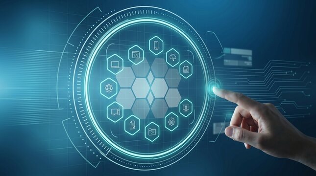 Hand touching futuristic network security interface with connected cloud and device icons