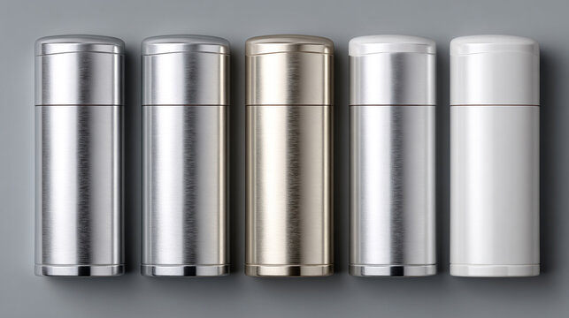 Four metallic deodorant containers standing side by side on neutral background minimalist product photography