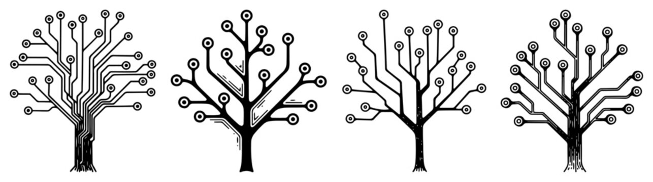 Trees with branches designed as computer circuit board traces in vintage woodcut engraving style