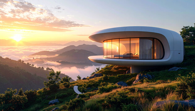 Futuristic luxury house on mountain ridge at golden sunset