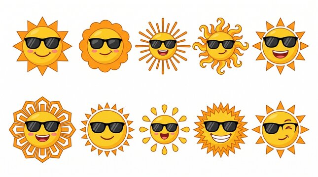Set of ten vibrant yellow sun characters featuring diverse stylized rays and cool black sunglasses with cheerful expressions depicted in a clean flat vector design.