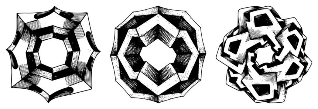 Complex interlocking geometric ring structures in detailed vintage woodcut style