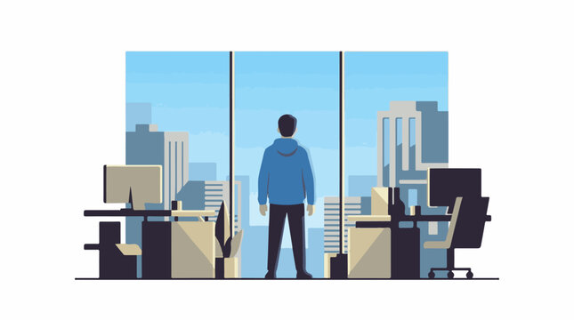 A man in a blue hoodie looks out of an office window at the city