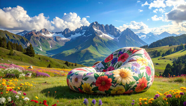 Floral bean bag chair in scenic mountain wildflower meadow