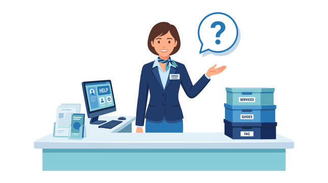 Receptionist or clerk working at front desk with question sign receptionist customer question business