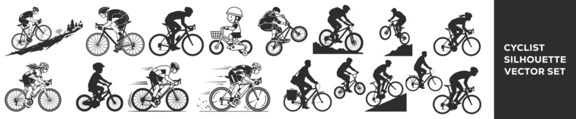 Naklejka premium Cyclist Silhouette Vector Set with Different Riding Poses