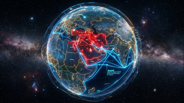 A glowing digital globe displays the Middle East with vibrant red conflict zones and bright blue maritime shipping lanes marked by complex data holographic interface overlays.
