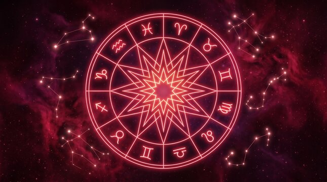 A bright neon red glowing zodiac wheel featuring twelve astrological symbols arranged in a circular pattern with sharp geometric lines and a vibrant glowing star center.