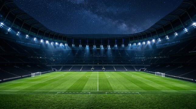 A professional soccer stadium features vibrant green grass turf with white markings under bright floodlights in a wide angle shot capturing the massive architectural structure.