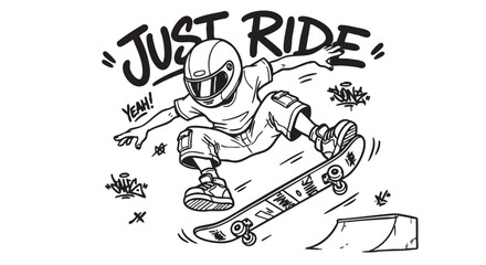 Skateboarder performing trick with helmet and graffiti, vector illustration of young man riding skateboard with text Just Ride, action sports graphic design element © Ajoy