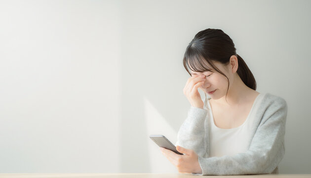 Asian woman looking at smartphone with worried expression in room 部屋で不安そうな表情でスマートフォンを見つめるアジア人女性