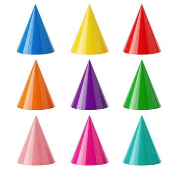 Colorful set of geometric traffic cones in a grid pattern isolated on transparent background