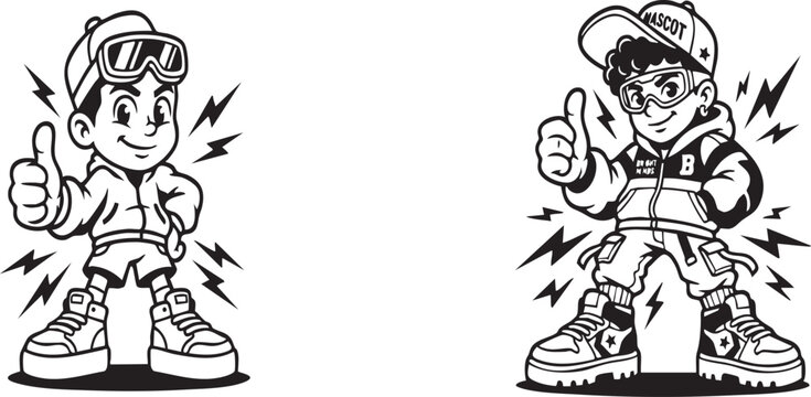 Vector illustration of two thumbs up cartoon characters in black and white with lightning bolts, showcasing a fun graphic design for kids or teenagers.