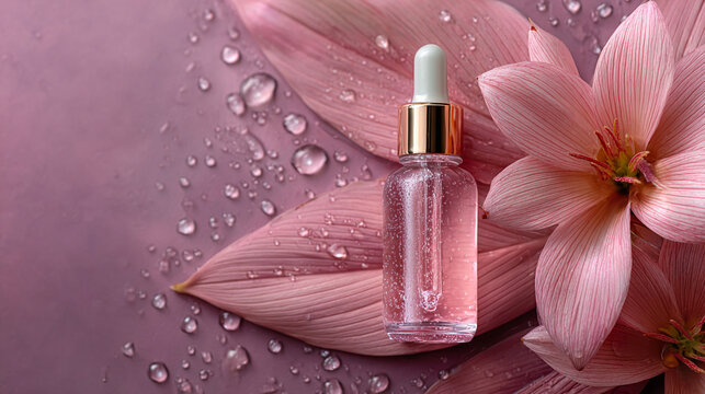 Applying cuticle oil for nail care with pink flowers and water droplets in soft light