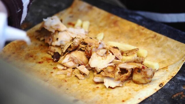 Making a wraps with grilled chicken and fries