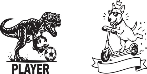 Vector illustration of a dinosaur playing soccer and a dog riding a scooter in a fun graphic design with sunglasses and a crown. © Ajoy