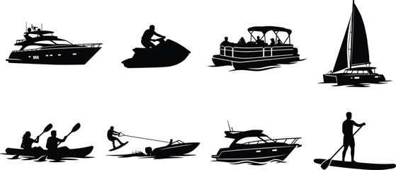 Recreational Watercraft Silhouette Set with Boats Yachts and Watersports Activities © MSTRUMANA