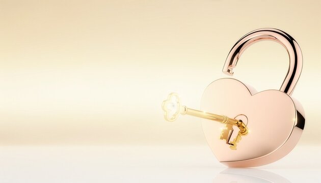 Heart shaped padlock with key on elegant golden background エレガントなゴールド背景に置かれた鍵付きのハート型南京錠
