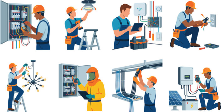 Professional Electrician Work and Electrical Installation Services Vector Illustration Set