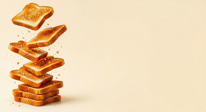 Slices of crispy toast bread falling into a stack with flying crumbs on a beige background. Dynamic food photography with large right-side copy space for text.