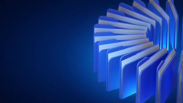 Data management background with blue digital folders and stacked documents on dark copy space, symbolizing file organization, cloud storage, database systems, archives, and information security.