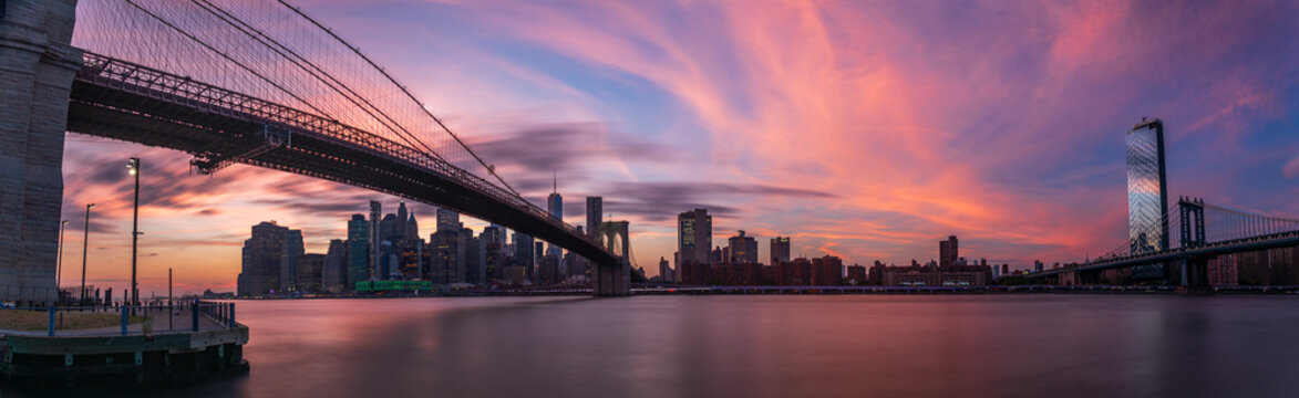 Brooklyn skyline with a vivid sunset.