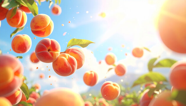 Vibrant Summer Peaches Floating in a Bright Clear Sky