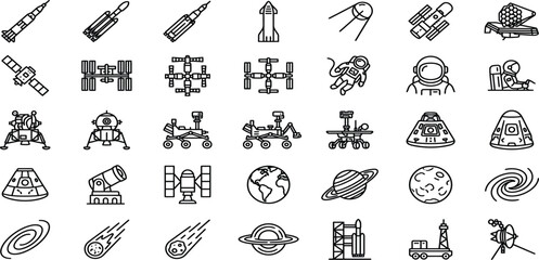 Space Exploration Line Icons On White Background © Vector Mahi