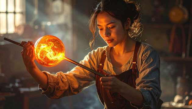 Artisan glassblower shaping glowing molten glass in workshop