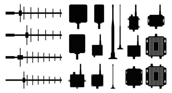 Telecommunication antenna transmitter signal receiver silhouettes, hapes of diverse telecommunication infrastructure, comprising Yagi directional antennas, whip antennas, panel arrays, and radio