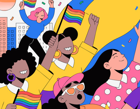 Modern flat illustration of diverse individuals celebrating with lgbtq rainbow flags during a pride event, colorful background featuring buildings and confetti