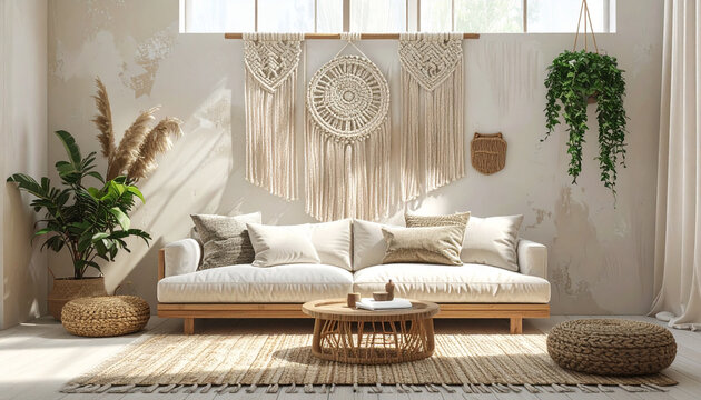 Boho Living Room Interior with Macrame Decor