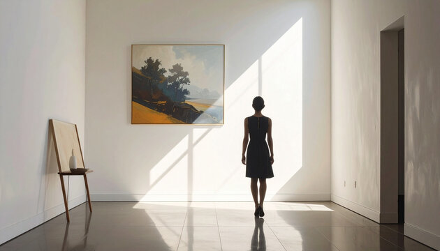 Elegant woman viewing painting in bright minimalist art gallery
