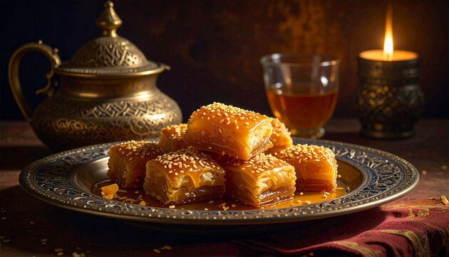 Traditional Baklava Pastry with Tea and Ornate Teapot