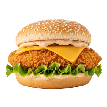 Delicious chicken burger with lettuce on sesame bun isolated on transparent background