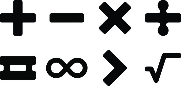 Set of basic math symbols vector icons featuring plus minus multiply divide and square root silhouettes
