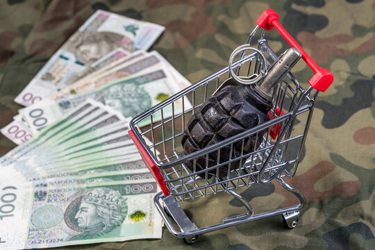 A grenade in a shopping cart on Polish uniform camouflage background with Polish zloty banknotes