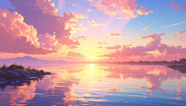 Sunset over calm water with pastel colored sky and clouds reflecting on the surface